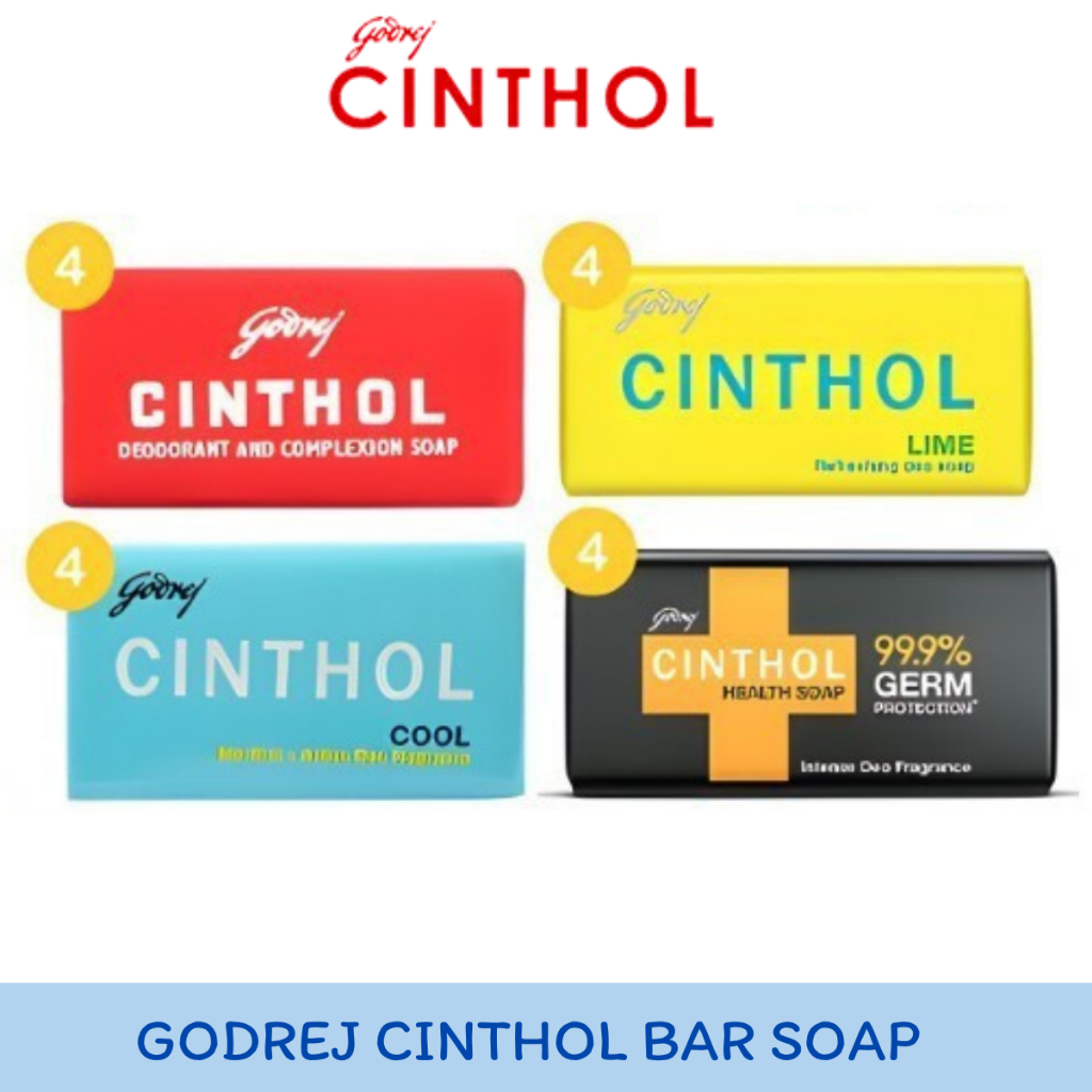 (แพ็ค 4 ก้อน) สบู่ซินทอล Godrej.CINTHOL Bar Soap. สูตรดั้งเดิมขนาด. 100 กรัม Lime, Health, Deo Sport Soap (4 Pack)