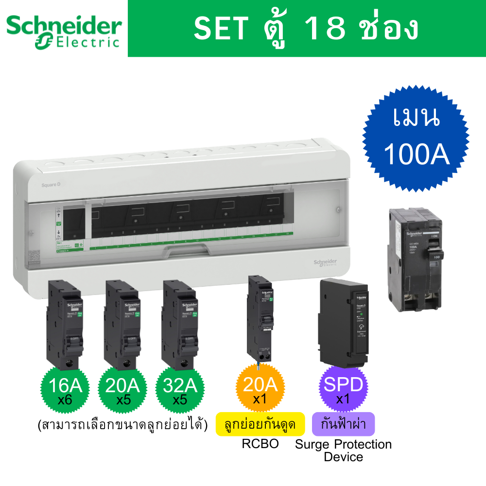 Schneider Electric S9HCL118 ตู้คอนซูมเมอร์ยูนิต 18 ช่อง จัดครบชุด (ตู้+เมน100A+ลูกย่อย+SPD) รุ่น Squ