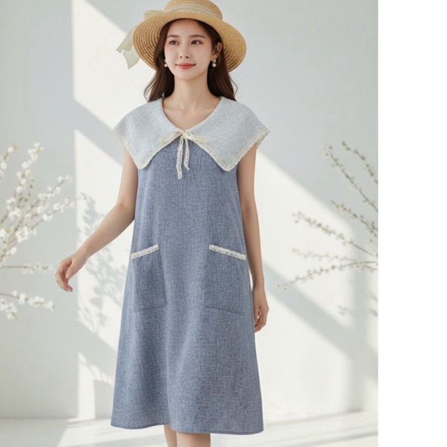 S40 เดรสคอปกระบายลูกไม้กะเป๋าคู่🛒👗