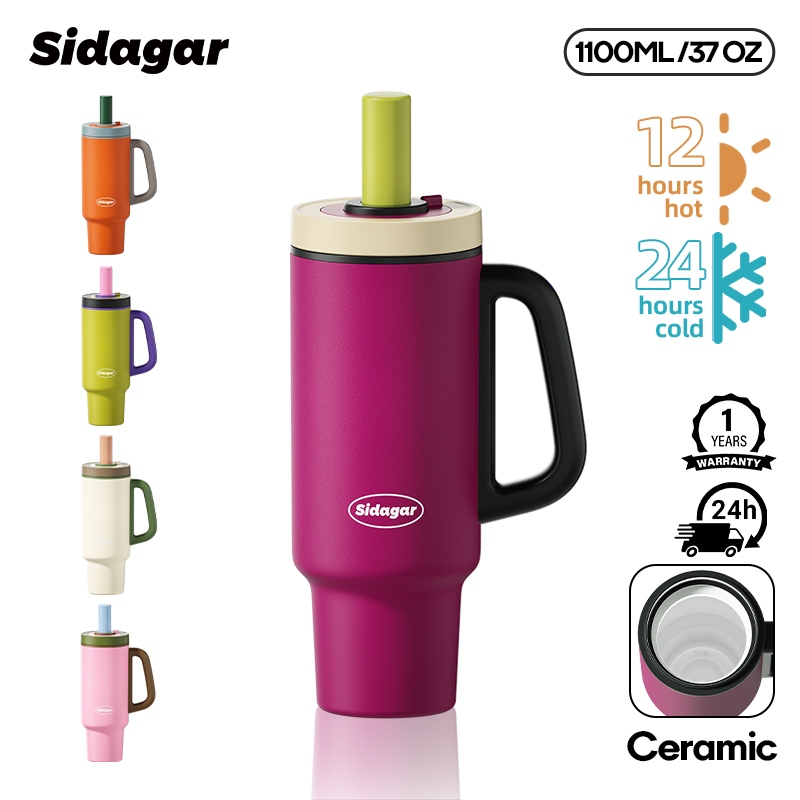 Sidagar (1100ML/37OZ) แก้วเก็บความเย็น ความจุขนาดใหญ่ แก้วน้ํา 316L เคลือบเซรามิก แก้วเก็บอุณหภูมิ Sports Water Cup
