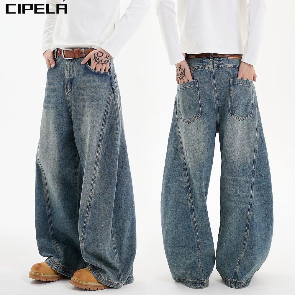 CIPELA กางเกงยีนส์สีน้ําเงินขากว้างทรงหลวมผู้ชาย ทรงหลวมๆ เหมาะสำหรับใส่ลำลอง และเหมาะทั้งผู้ชายและผู้หญิง