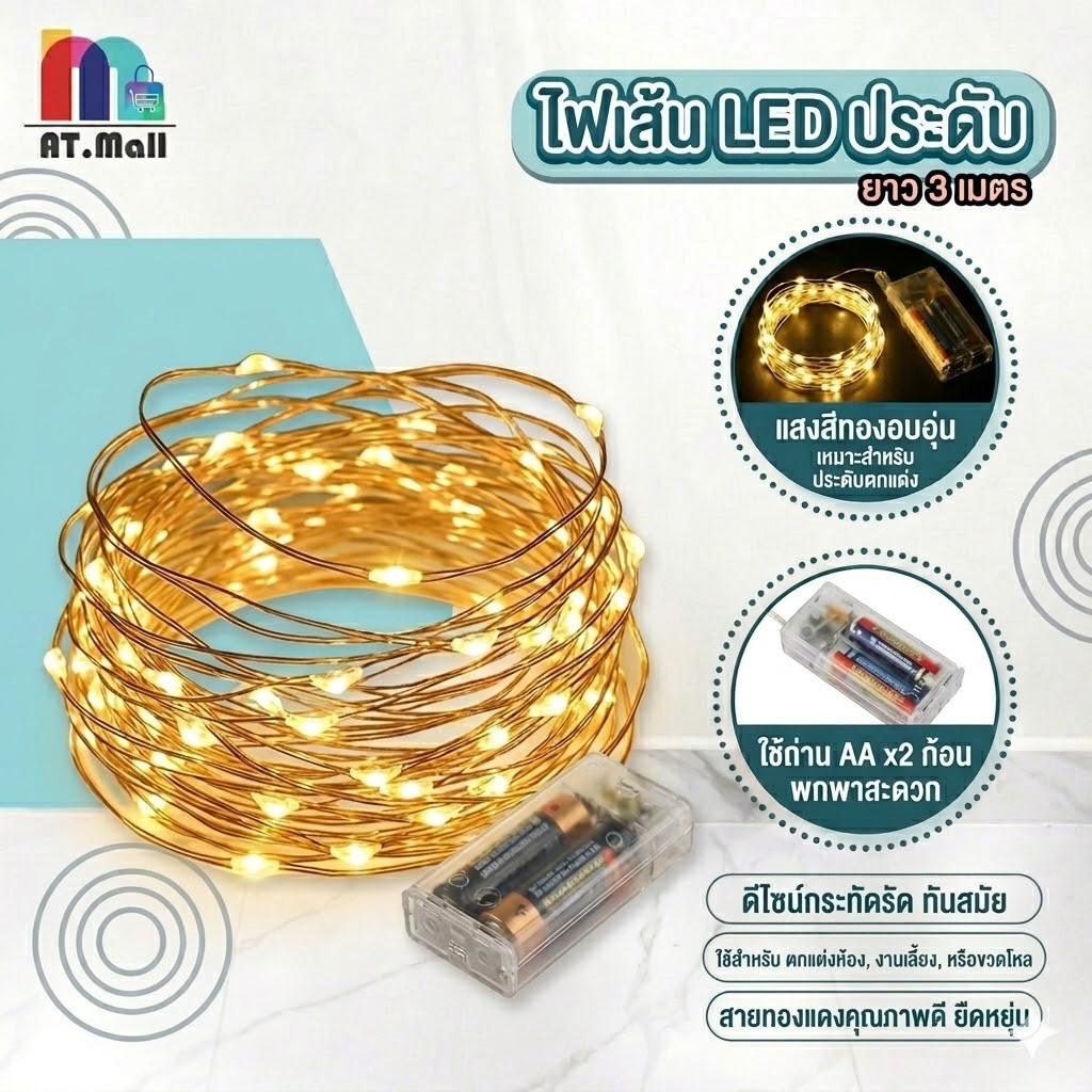 AT.MALL ไฟตกแต่ง LED ลวดทองแดง (3.1 เมตร/30 ดวง) | ไฟแต่งห้อง/จัดปาร์ตี้ | ใช้ถ่าน AA ดัดแปลงรูปทรงได้ง่าย รุ่น 6119