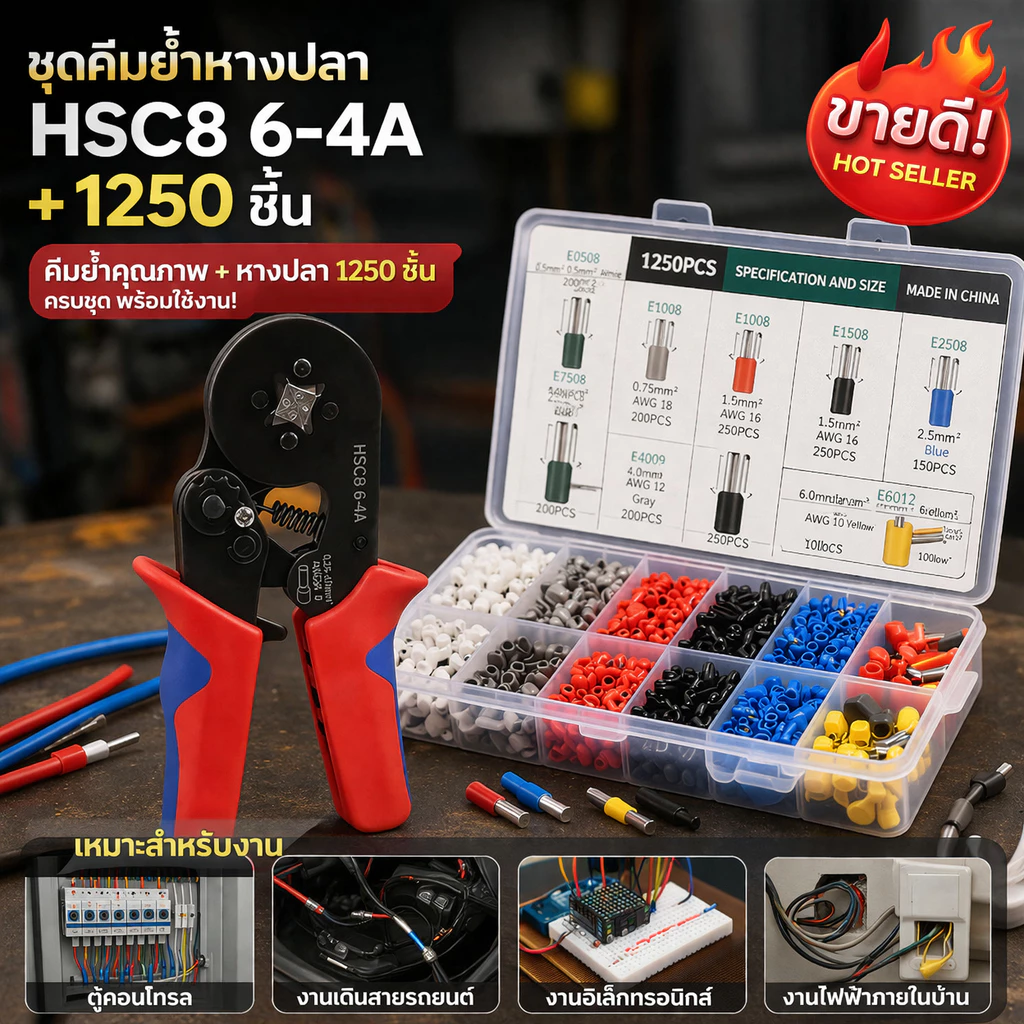 HSC8 6-4A ชุดเครื่องมือจีบ - วงล้อแบบปรับได้ด้วยตนเองพร้อมขั้วต่อสายไฟ 1250 ชิ้น/400 ชิ้น