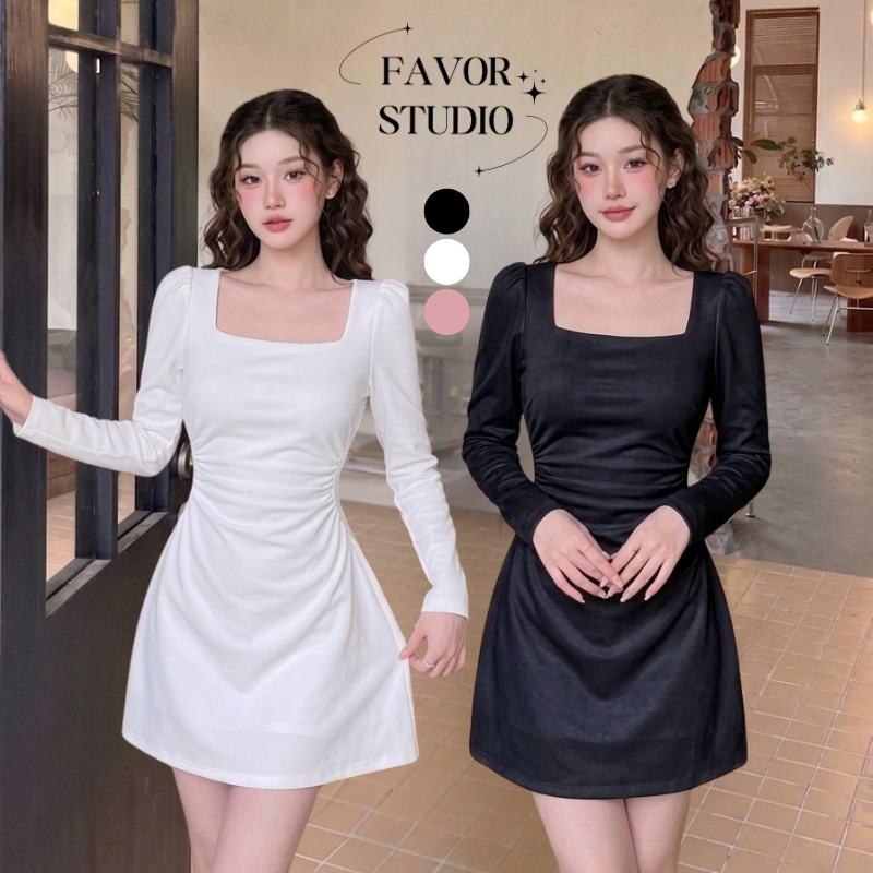 S-4XL【EVIOVIO】มินิเดรสคอเหลี่ยมแขนยาวสีขาวคลีน ทรงเอสวยสับพรางสะโพก ดีเทลจีบเอว งานซิปหลังสวมใส่ง่าย ชุดทำงาน เดรสสาวอวบ