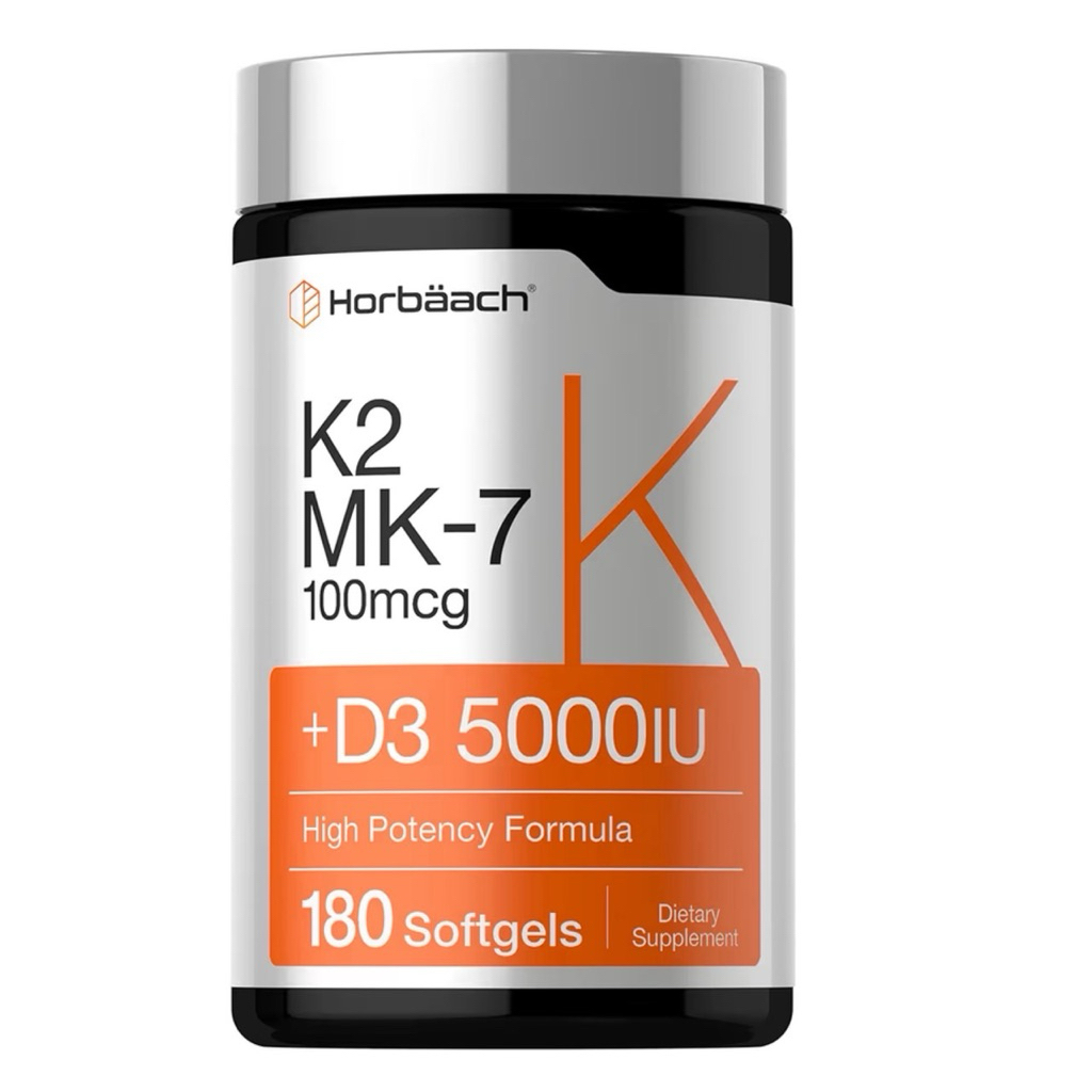 (แพ็คเกจใหม่ สินค้าตัวจริงขวดสีขาว)K2 MK7 100MCG+D3 5000IU (HORBAACH) บรรจุ180ซอฟท์เจล (HIGH POTENCY FORMULA)