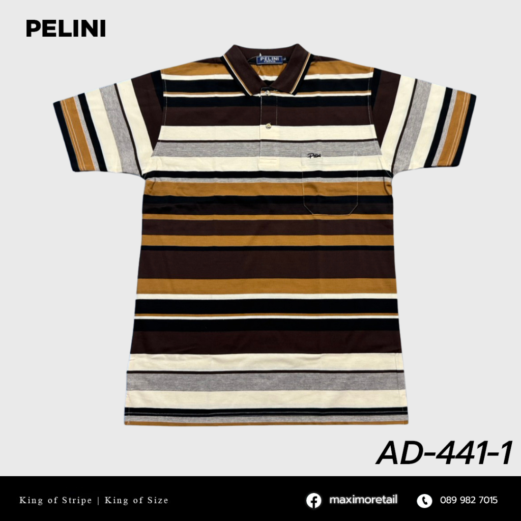 เสื้อโปโลแขนสั้นผู้ชายมีกระเป๋า  Pelini คอปก ลายริ้ว คลาสสิค สไตล์ยุโรป สำหรับผู้ใหญ่ รุ่น AD-441-1