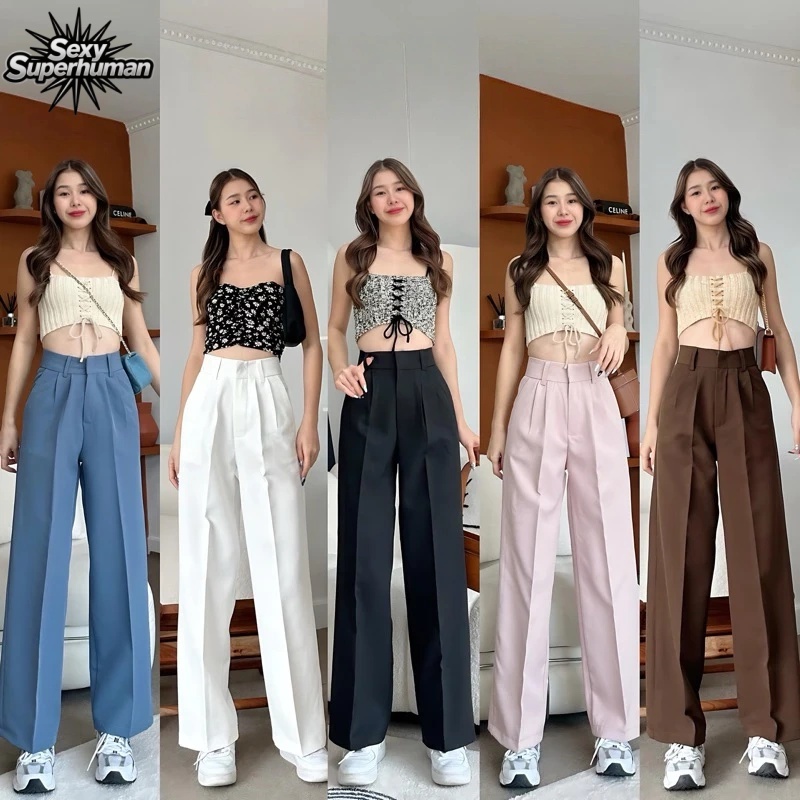 กางเกงเอวสูงขากระบอกใหญ่ ใส่ทำงาน ใส่ไปเที่ยว กางเกงตะขอ รุ่น XS-3XL