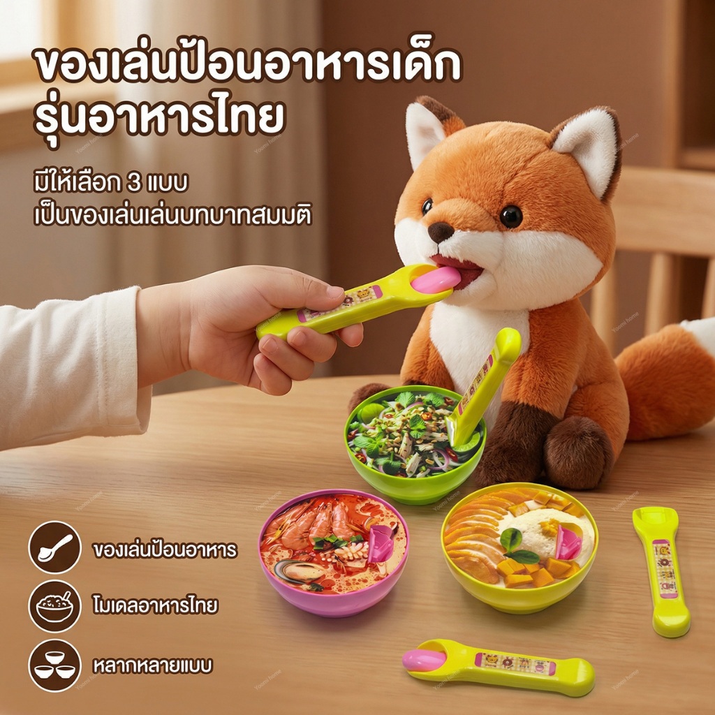 ของเล่นป้อนอาหารเด็ก ชุดป้อนข้าวตุ๊กตา โมเดลอาหารไทย ของเล่นบทบาทสมมติ เล่นซ้ำได้ มี 3 แบบ ของเล่นเด็ก