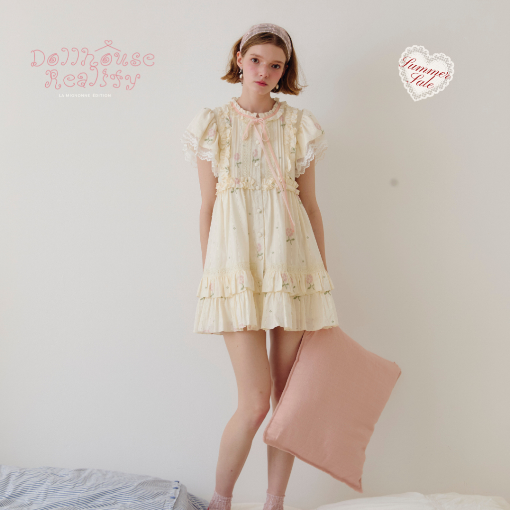 La Mignonne (XS-3XL) Amora Caily Dress งานเดรสผ้าชีฟองปักลายเชอร์รี่เพิ่มความน่ารัก มากับงานโบว์สีแดง ซิบหลังซิบซ่อน