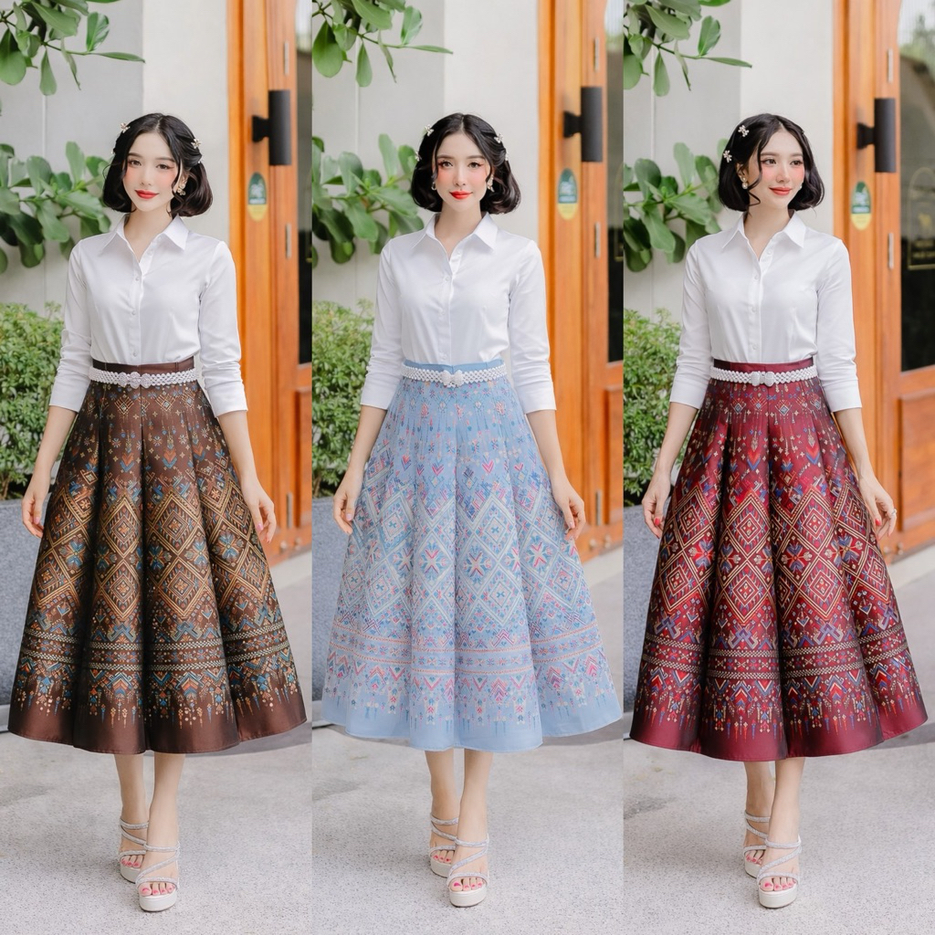 กระโปรง8ชิ้นเอวสูงลายไทยยาว33ผ้าไหมเเก้มฝ้าย