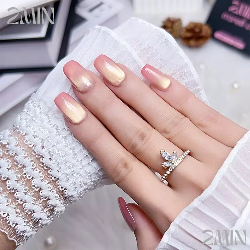 เข้ามาแบบใหม่ พร้อมส่งไทย เล็บปลอมสําเร็จรูป ทำด้วยมือ 10 ชิ้น/กล่อง ทองลูกเเก้ว ปลายชมพู แฮนด์เมด100% จึ้งๆอลังการ