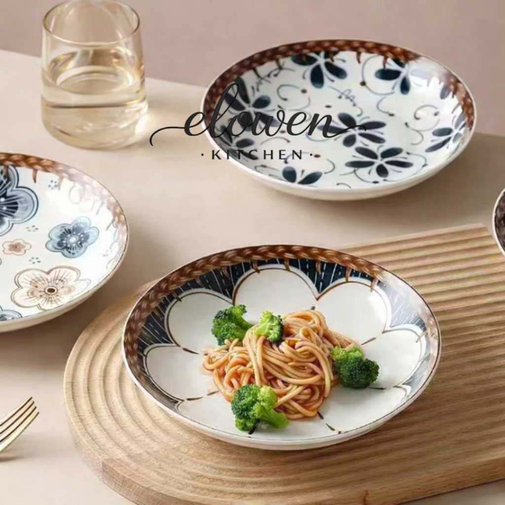 Elowen Kitchen จานเซรามิกลายสานขอบน้ำตาล ลายดอกไม้วินเทจ สไตล์ญี่ปุ่นคลาสสิก ราคาถูก คุณภาพดี