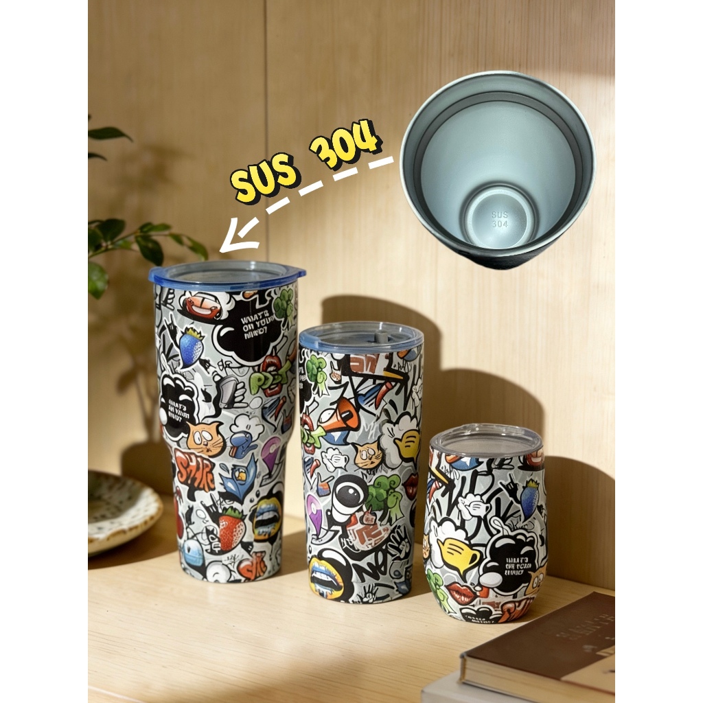 แก้วไอซ์สแตนเลส BEAR SUS 304 สไตล์กราฟฟิตี้ (แก้วกาแฟในรถยนต์ / แก้วเก็บความร้อนพกพา)