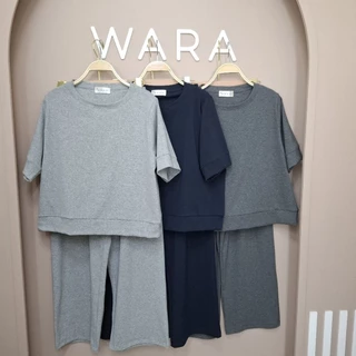 [ U43 ] WARA ชุดเซตคอกลมต่อขอบ + ขายาวกระเป๋าปะหน้า
