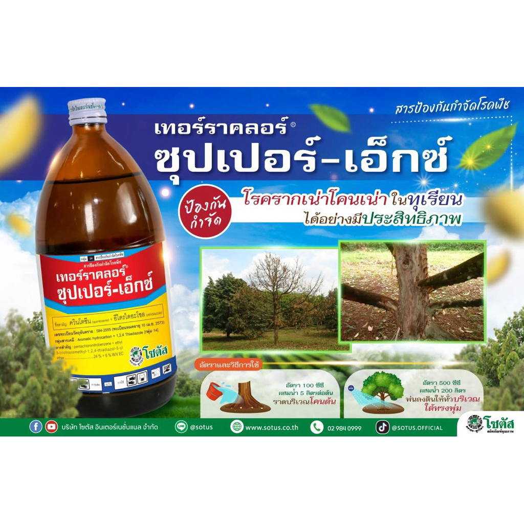 เทอร์ราคลอร์ ซุปเปอร์-เอ็กซ์ โซตัส ควินโตซีน+อีไตรไดอะโซล 500cc ป้องกันกำจัดโรค เช่น รากเน่าโคนเน่า เน่าคอดิน ในทุเรียน