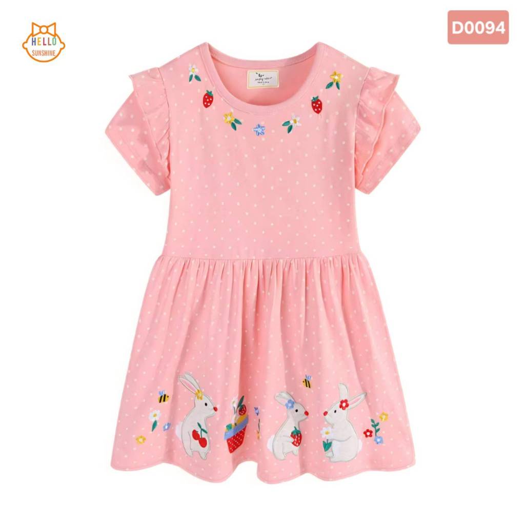 🐰พร้อมส่งจากไทย🐰 ชุดกระโปรงเด็กหญิง เดรสเด็กหญิง Jumping meters ผ้าคอตตอน100%  เดรสลายจุดสีชมพูโอรส ปักลายกระต่ายและดอกไ