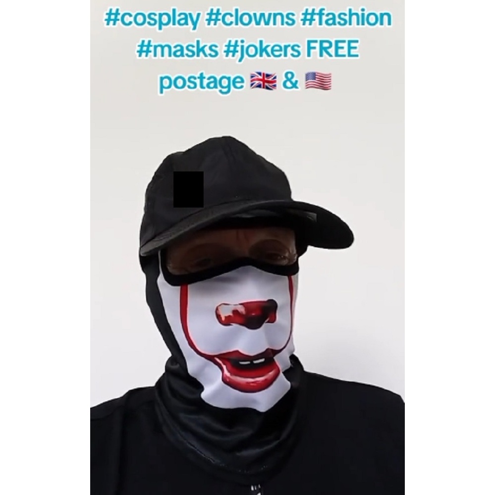 White clown facemask, full cover, non fading colors, light weight microfiber mask.