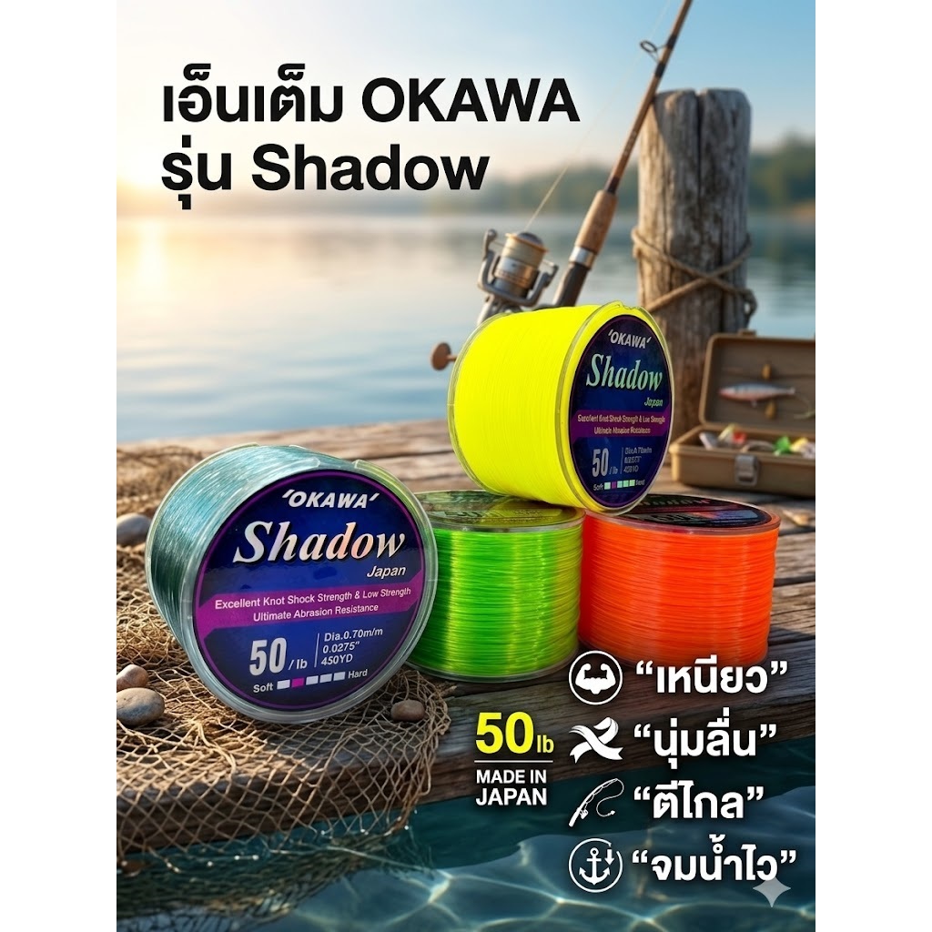 SHADOW 1/4 มี 4 สี (สีเหลือง สีส้ม สีเขียวตอง สีเขียวขี้ม้า) OKAWA แท้ 100% วัตถุดิบแท้จาก Japan.