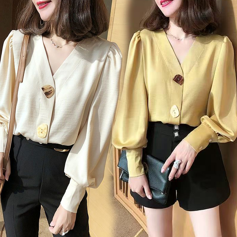 Cuties 99160 เสื้อเชิ้ตแขนยาว ดีไซน์สวยเฉพาะ สไตล์ฮ่องกงย้อนยุค คอวี สไตล์เกาหลี ใส่ทำงาน สำหรับผู้หญิง