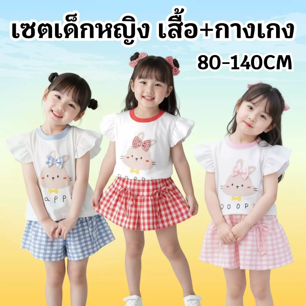 MooDeng Baby ชุดเซต เด็กหญิง แขนระบบาย ลายกระต่าย คอกลม กางเกงขาสั้น ลายสก๊อต