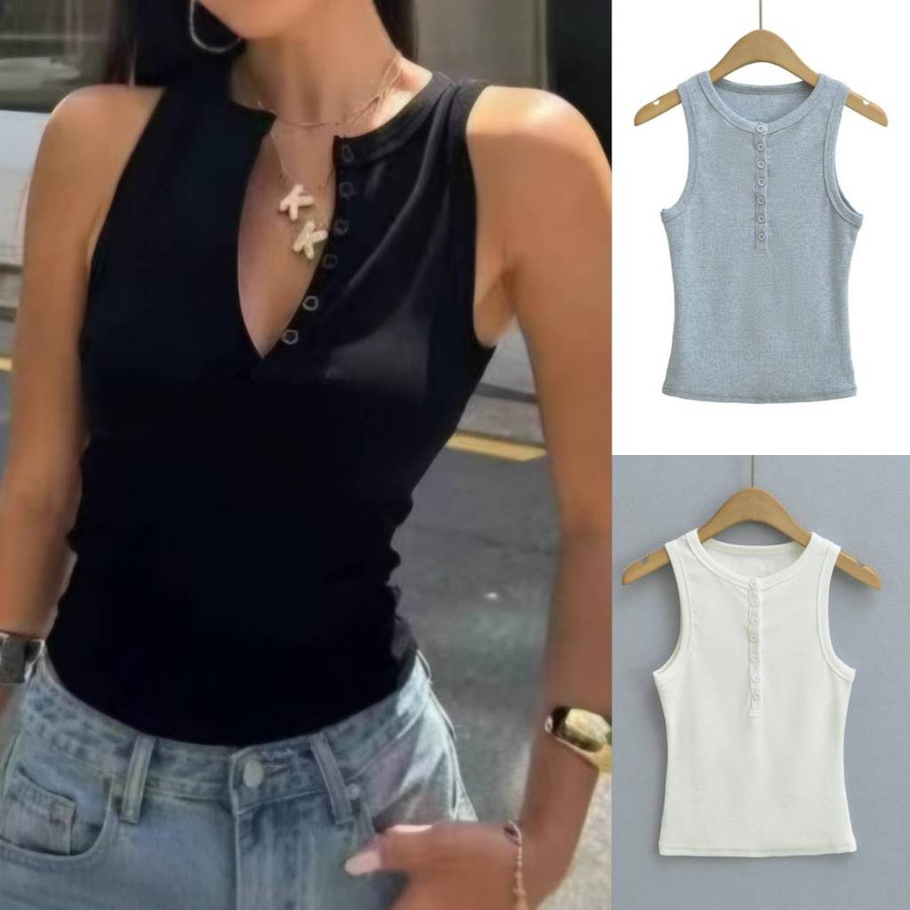 L'NADA【พร้อมส่ง】เสื้อแขนกุดคอจีน กระดุมหน้า ผ้ายืดนิ่มใส่สบายมี3สี(4277)