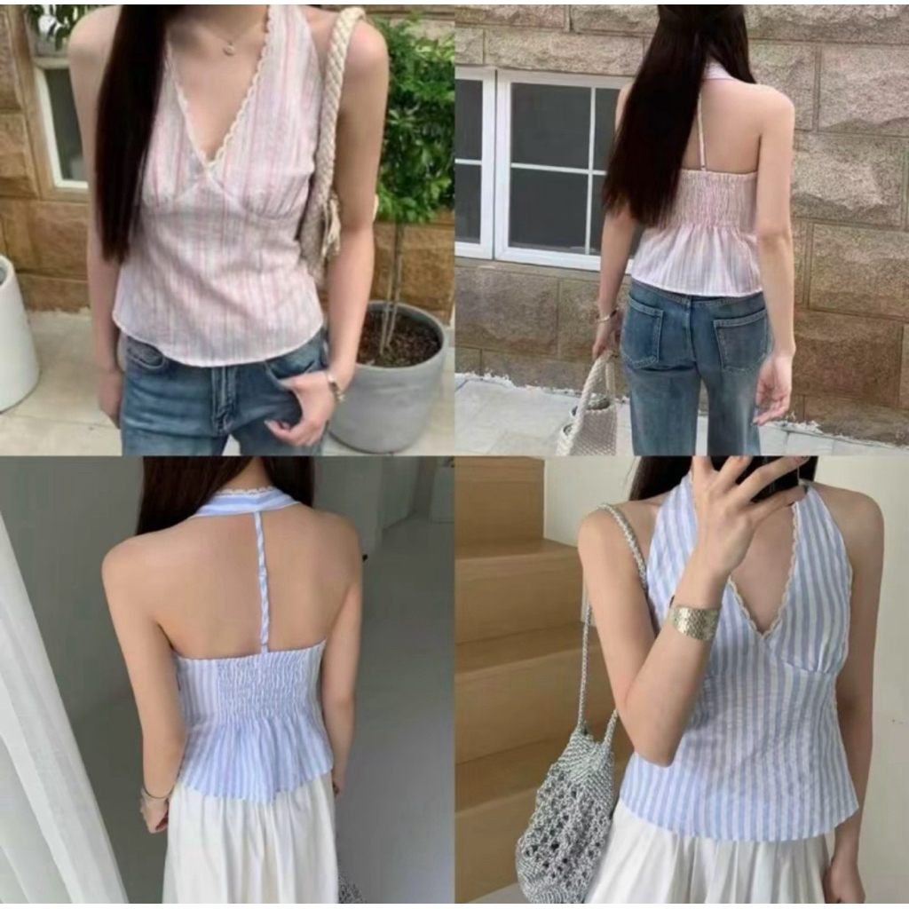 เสื้อคล้องคอลายริ้ว สม็อคหลัง งานป้าย WG.WE (W9040)