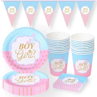 (พร้อม ส่งจากไทย ) จานช้อน ซ้อม และผ้าปูโต๊ะ จัดปาร์ตี้ทายเพศ girl or boy gender reveal party cutery แยกชิ้น(B45)