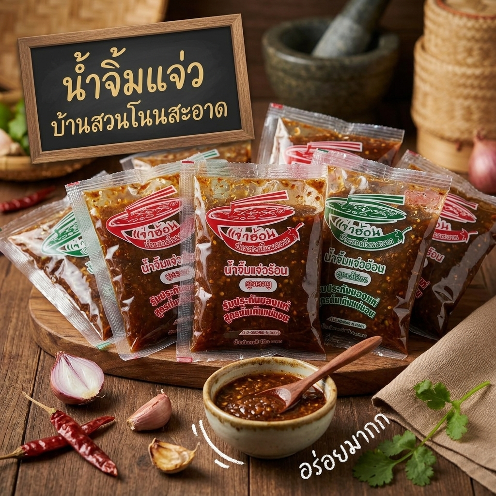น้ำจิ้มแจ่วฮ้อน บ้านสวนโนนสะอาด แบบถุง 2รสชาติ ขม ไม่ขม ขนาด120 กรัม เข้มข้น ไม่ต้องปรุงเพิ่ม
