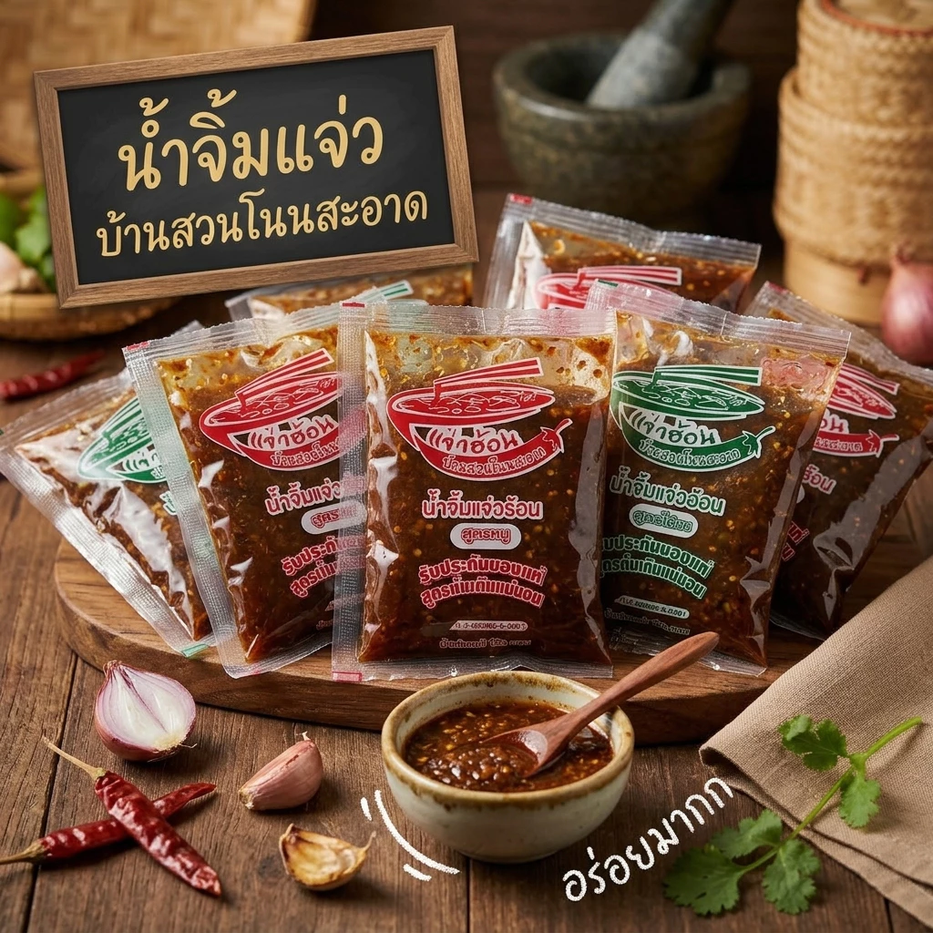 น้ำจิ้มแจ่วฮ้อน บ้านสวนโนนสะอาด แบบถุง 2รสชาติ ขม ไม่ขม ขนาด120 กรัม เข้มข้น ไม่ต้องปรุงเพิ่ม