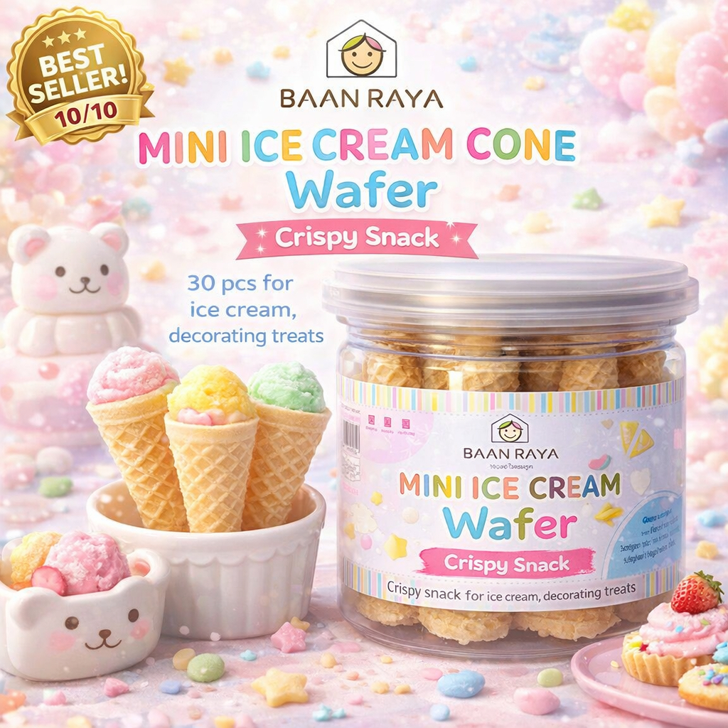 มินิโคน เวเฟอร์ อบกรอบ 30 ชิ้น สำหรับไอศกรีม ตกแต่งขนม Mini Ice Cream Cone Wafer Crispy Snack Baan Raya