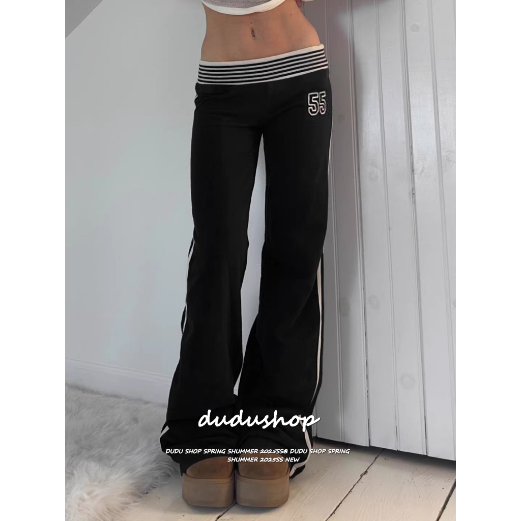 [Numeral print, color-blocked casual pants]เกาหลีรุ่นวินเทจผู้หญิงเทรนด์พิมพ์เอวสูงฮอร์นกางเกงลำลอง