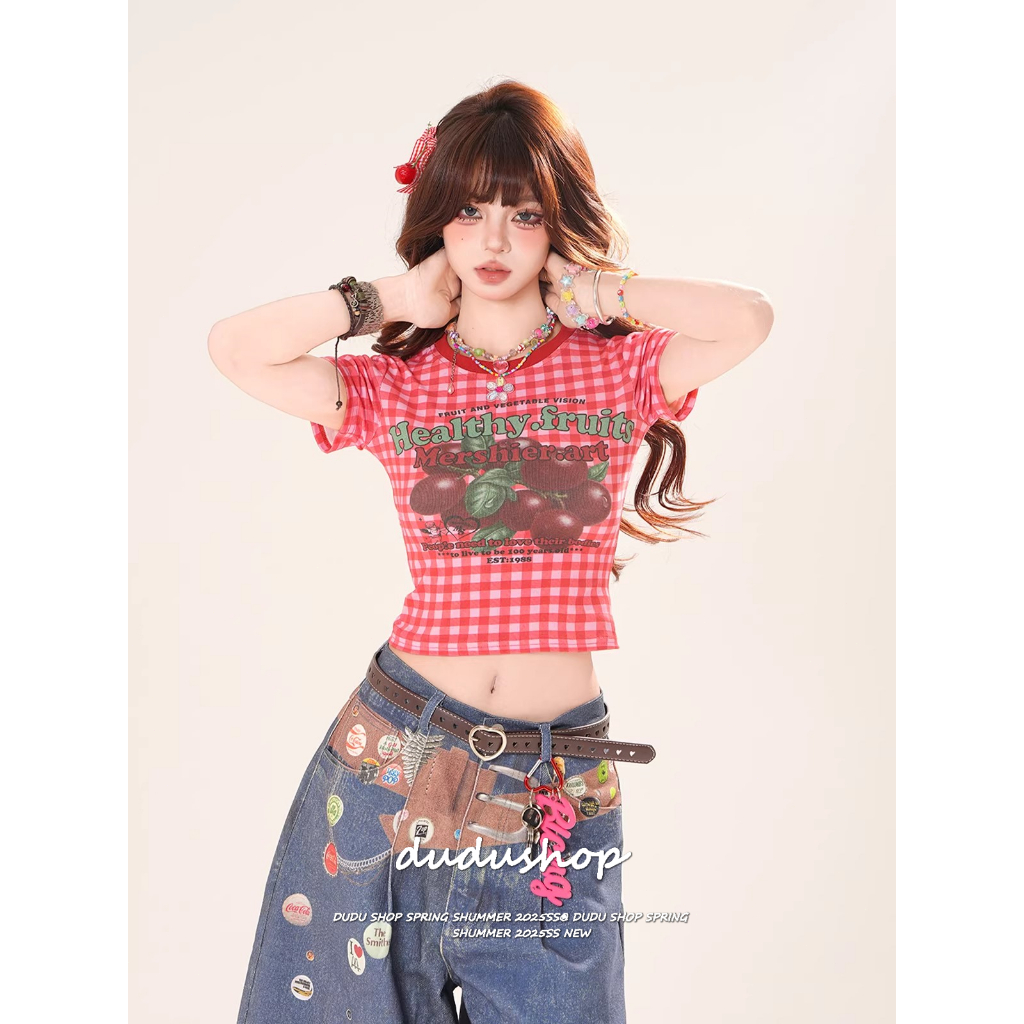 [Fruit print plaid short-sleeved T-shirt]สงกรานต์หวานสบาย ๆ ผู้หญิงผลไม้พิมพ์ลายสก๊อตสีชนแขนสั้นเสื้อยืด