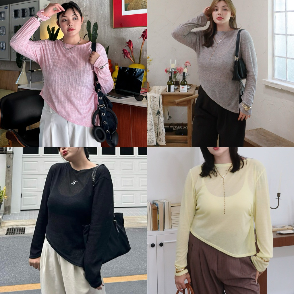 SS Daily Top เสื้อแขนยาวผ้ายืด (ซีทรูนิดๆ) ใส่สบาย ชายปาด พรางหุ่นสุดๆ ปักโลโก้ ไซซ์สาวอวบ