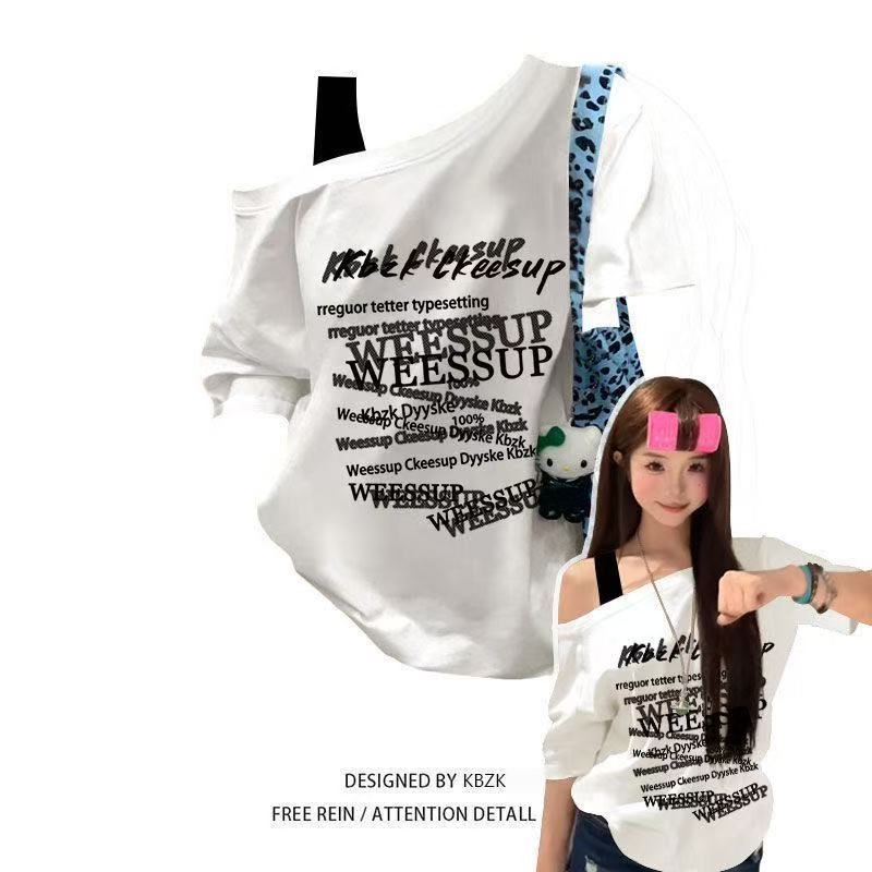 COD✨ สายสะพายเอียง 🎀 เสื้อยืดปาดไหล่| เสื้อยืดแฟชั่น | เสื้อยืดโอเวอร์ไซต์ | ผอมทันท