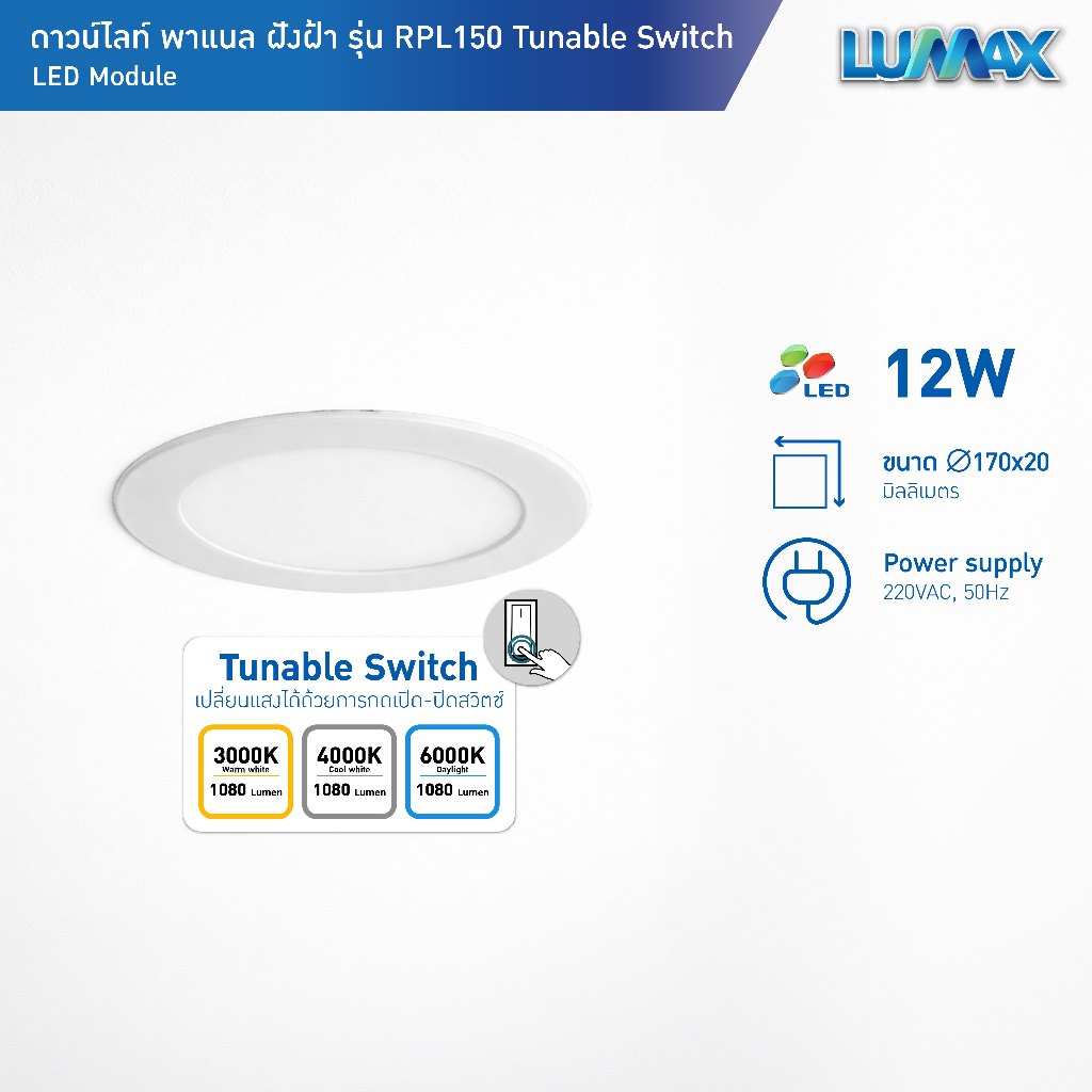 LUMAX Downlight โคมไฟดาวน์ไลท์ฝังฝ้า PANEL LED ทรงกลม 12w ให้แสงแบบ Tunable (Warm,Cool,Day) รุ่น RPL