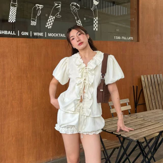 𝙎𝙪𝙣𝙨𝙝𝙞𝙣𝙚 𝙨𝙚𝙩✨☀️ชุดเซตผ้าดับบี้แขนพองแบบสั้นแต่งระบายขอบเสื้อน่ารักเหมาะกับหน้าร้อนแบบนี้ มาคู่กับกางเกงขาสั้นแบบพอง