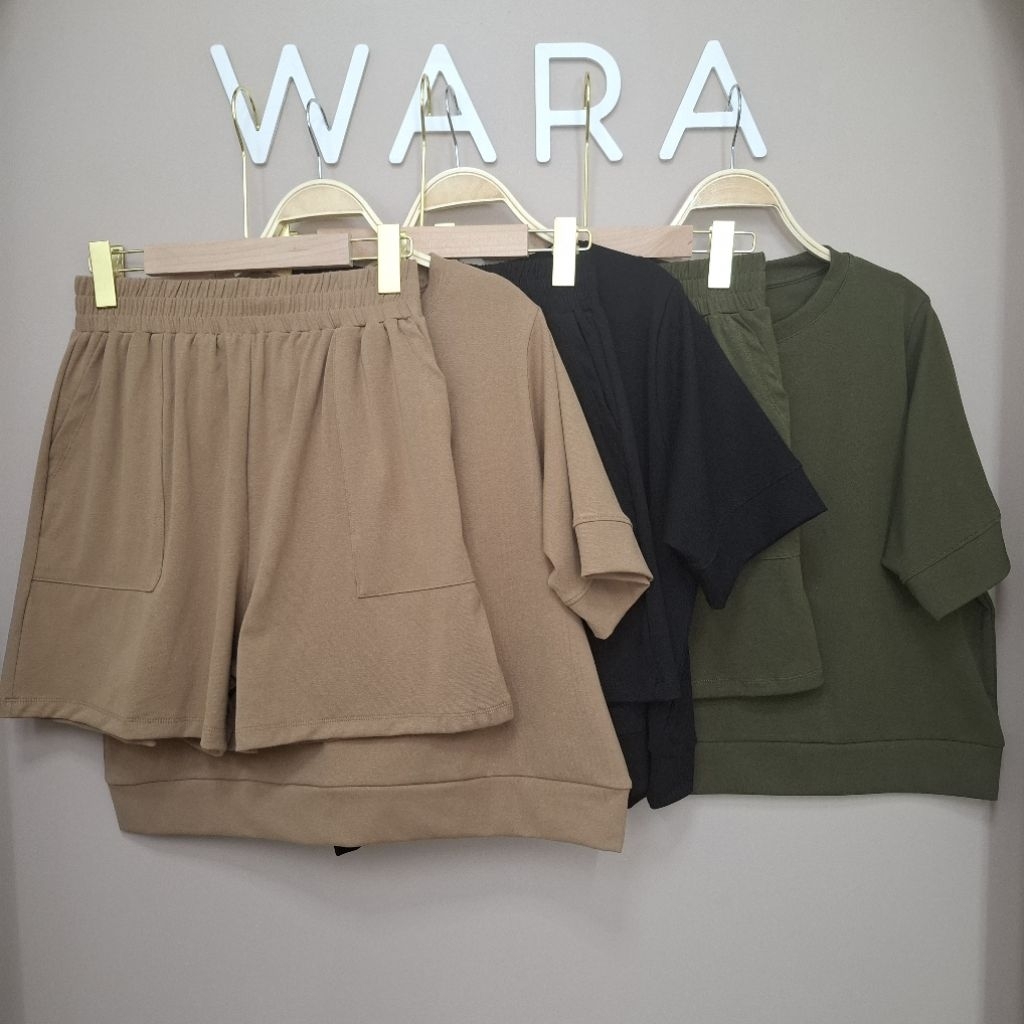[ U49 ] WARA ชุดเซ็ต คอกลมแขนต่อ + ขาสั้นกระเป๋าหน้า ผ้าเรียบ