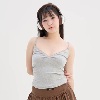 Bemingtop1141(S-3XL) - BMG Vian Lace Top - สายเดี่ยวทรงเข้ารูป ดีไซน์คอวีแต่งระบายลูกไม้