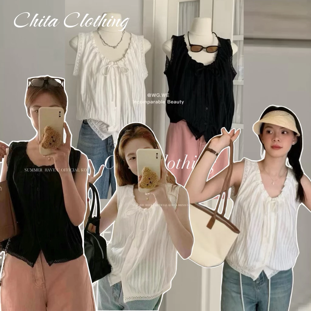 📍พร้อมส่ง📍7513 เสื้อแขนกุด ลายผ้าสวย ติดกระดุมหน้า มีเชือกผูกโบว์ TAG WG.WE 🇰🇷