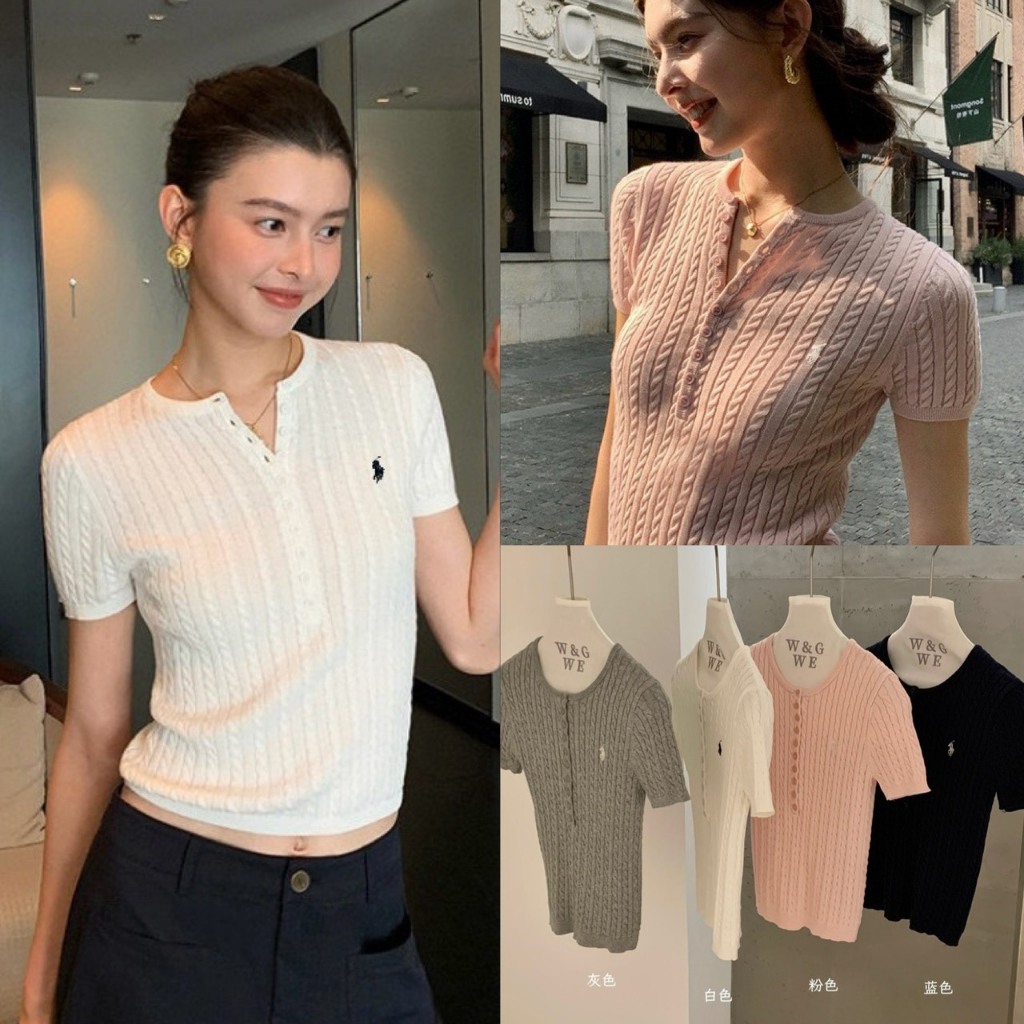 ❤ 🧵 🇰🇷 W9103 เสื้อคอกลม ผ้าทอไหมพรมเนื้อนิ่มลายเปีย งานปักโลโก้ช่วงอก ผ้ายืดหยุ่นได้ดี แฟชั่นเกาหลี TAG WG.WE ✈