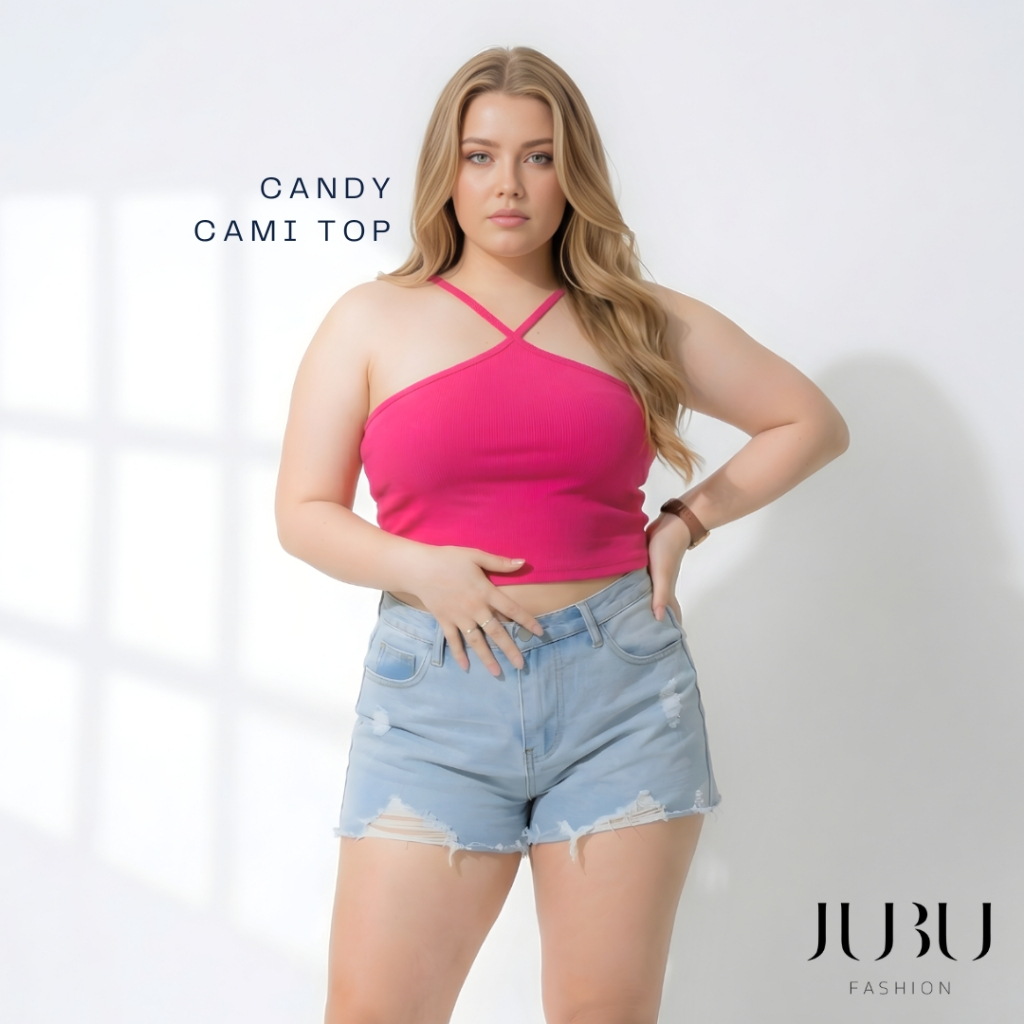 Candi Cami Top(ไม่มีฟองน้ำ) เสื้อสายเดี่ยวไขว้หน้า เสื้อสาวอวบ ผ้าร่อง หน้าอก 34-46 นิ้ว#502