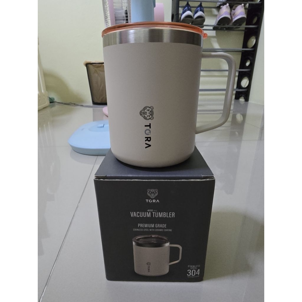 TORA แก้วน้ำ Stainless พร้อมมือจับและฝาปิด สีครีม เก็บอุณหภูมิ ขนาด 400 ml