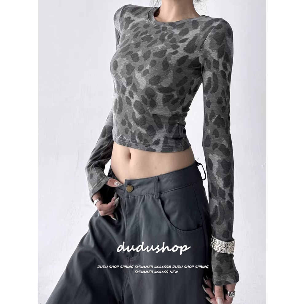 [Trendy leopard print long-sleeved T-shirt]สไตล์อเมริกันวินเทจผู้หญิงเทรนด์เสือดาวพิมพ์ผอมแขนยาวรอบคอเสื้อยืด