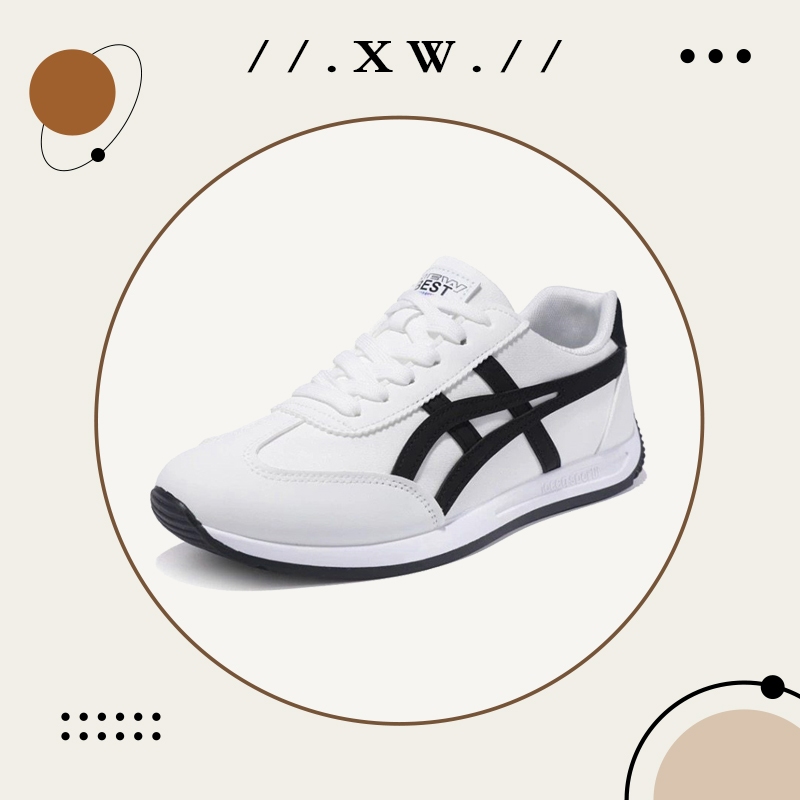 XWshopee รองเท้าผ้าใบลำลอง รองเท้ากีฬา ใส่ท่องเที่ยว ใส่เล่นกีฬาได้ ดีไซน์ลายทางไขว้สีดำซ้อนกัน ลูกเชือกสีขาวระบายอาก