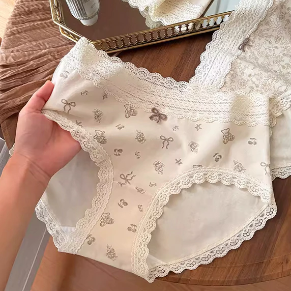 M-2XL ชุดชั้นในสตรี ทำจากผ้าฝ้าย พิมพ์ลายสุดน่ารัก ขอบเอวลูกไม้ ยืดหยุ่นสูง สวมใส่สบาย