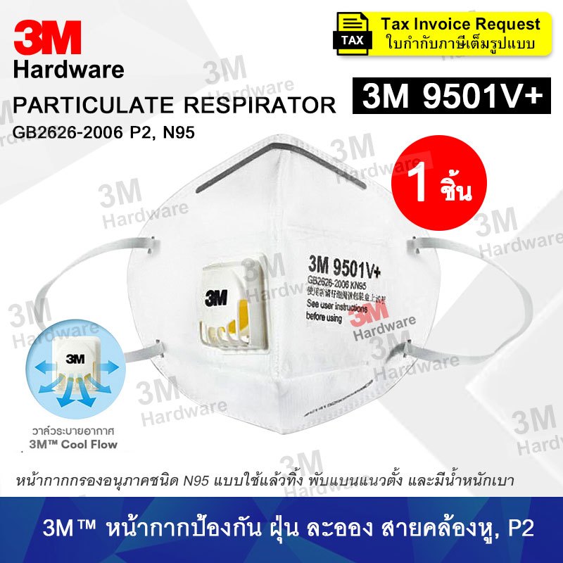 3M 9501V+ มีวาล์ว (1 ชิ้น) หน้ากากป้องกันฝุ่น ละออง ควันรถยนต์ คล้องหูแบบพับได้