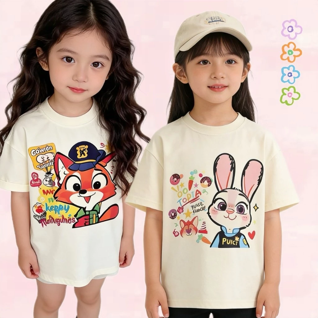 BB222 เสื้อยืดเด็ก ลายการ์ตูนกระต่าย/จิ้งจอก เสื้อเด็กแขนสั้น ผ้านิ่ม ใส่สบาย แฟชั่นเด็ก 2-10 ปี