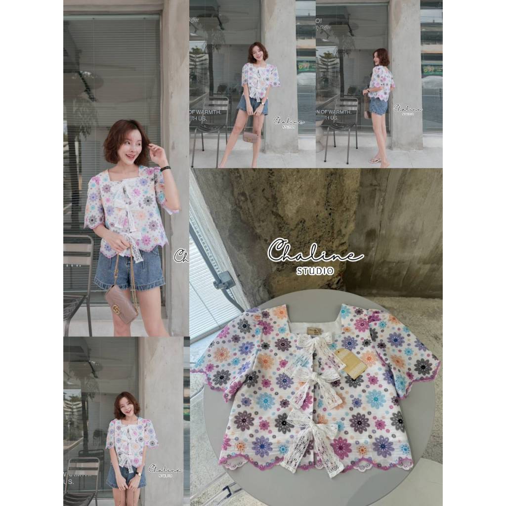 •CHALINE STUDIO• P&C 65228 เสื้อคอเหลี่ยมงานผ้าคอตตอนปักฉลุมีลายในเนื้อผ้า  ผ้าพิมพ์ลายดอกไม้สีน่า