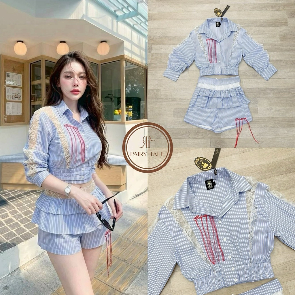 PairyTale Set เสื้อครแปแขนยาว+กางเกง ลายริ้วสีฟ้าน่ารัก