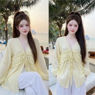 Sunshine Blouse เสื้อคอวีแขนยาวตัวยาว เสื้อคอวีแขนสั้นแต่งจีบอกผูกโบว์ที่อก ลายดอกไม้ น่ารัก เกาหลี สาวอวบ Sheeny (S051)